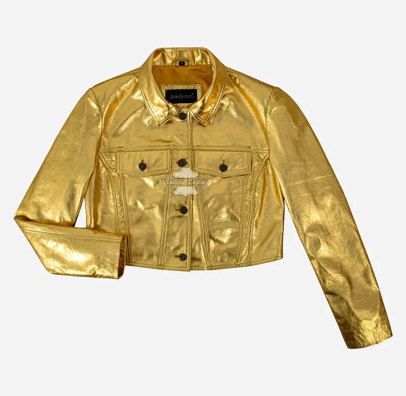 RADIATE Women's Shiny Leather Cropped Trucker Jacket