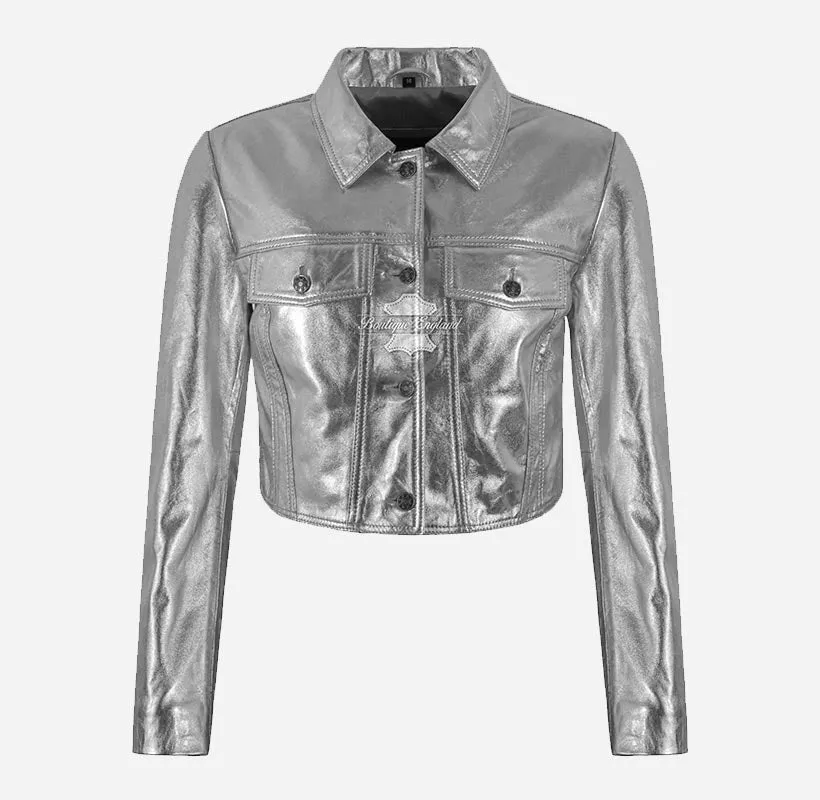 RADIATE Women's Shiny Leather Cropped Trucker Jacket