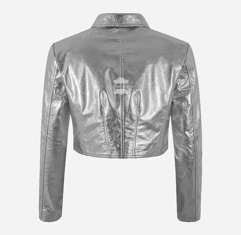 RADIATE Women's Shiny Leather Cropped Trucker Jacket