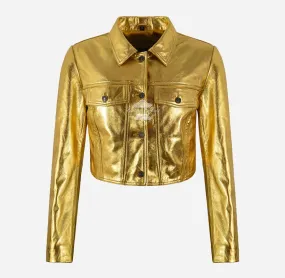 RADIATE Women's Shiny Leather Cropped Trucker Jacket