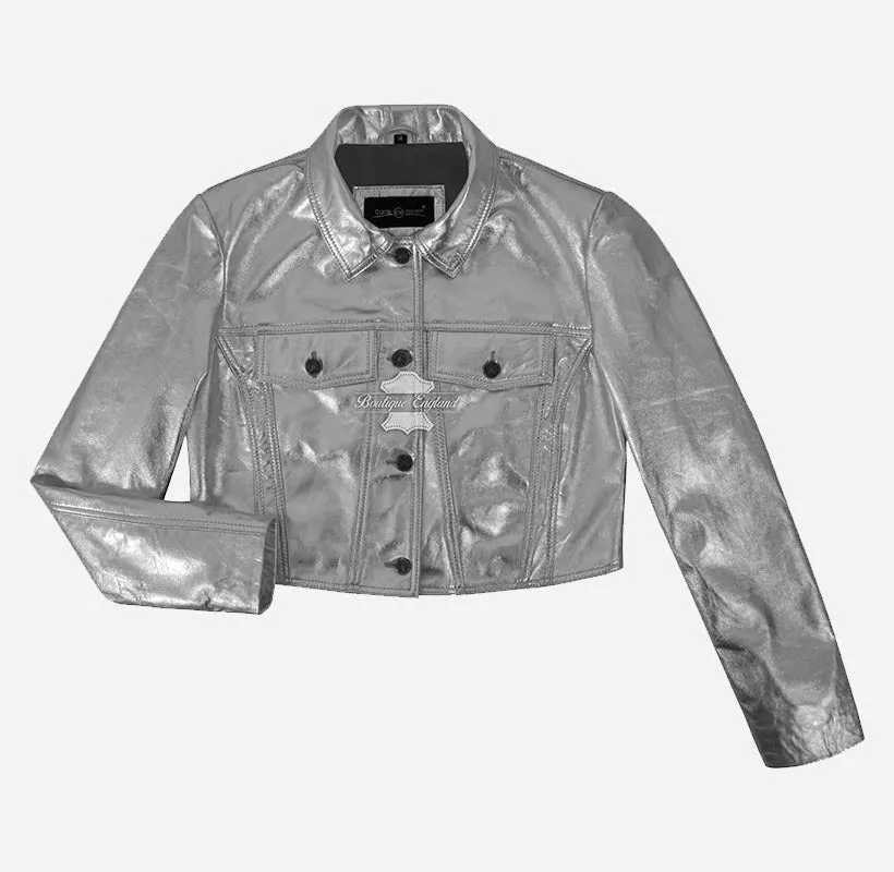 RADIATE Women's Shiny Leather Cropped Trucker Jacket