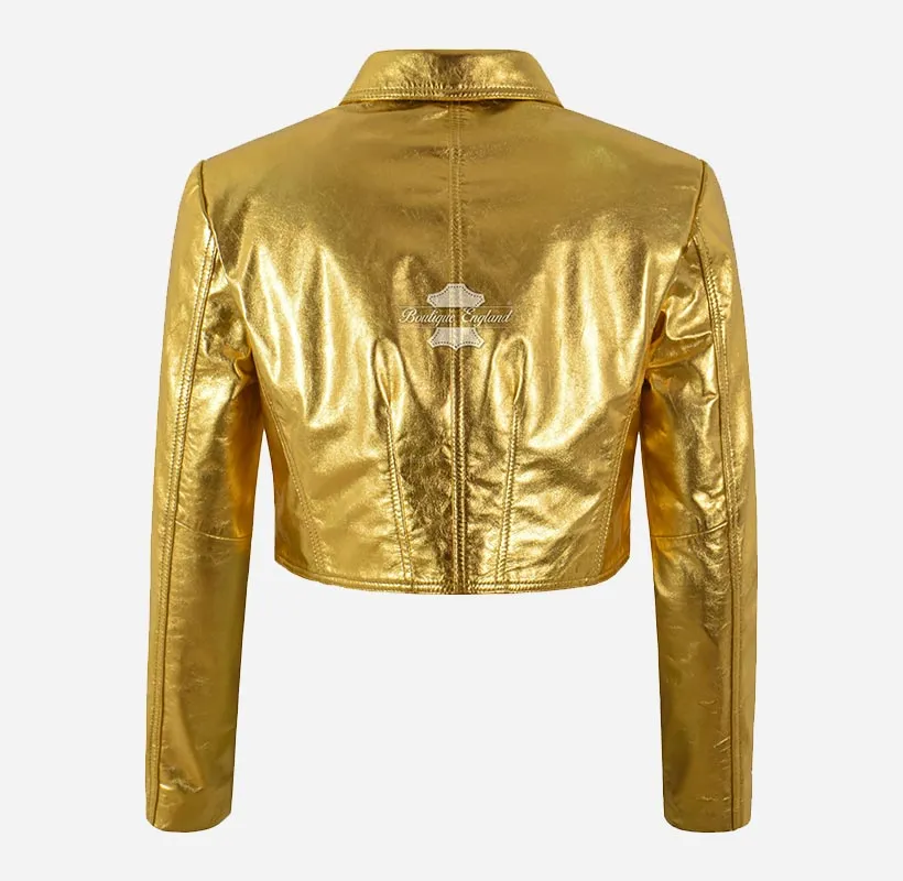 RADIATE Women's Shiny Leather Cropped Trucker Jacket