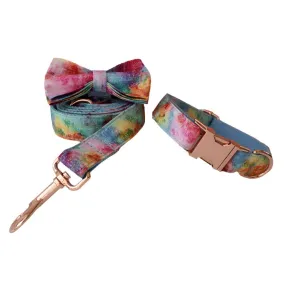 Rainbow Gradient Cotton Collar with Detachable Bow Tie Personalized Leash Set