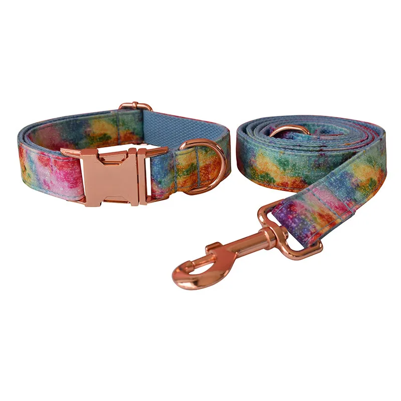 Rainbow Gradient Cotton Collar with Detachable Bow Tie Personalized Leash Set