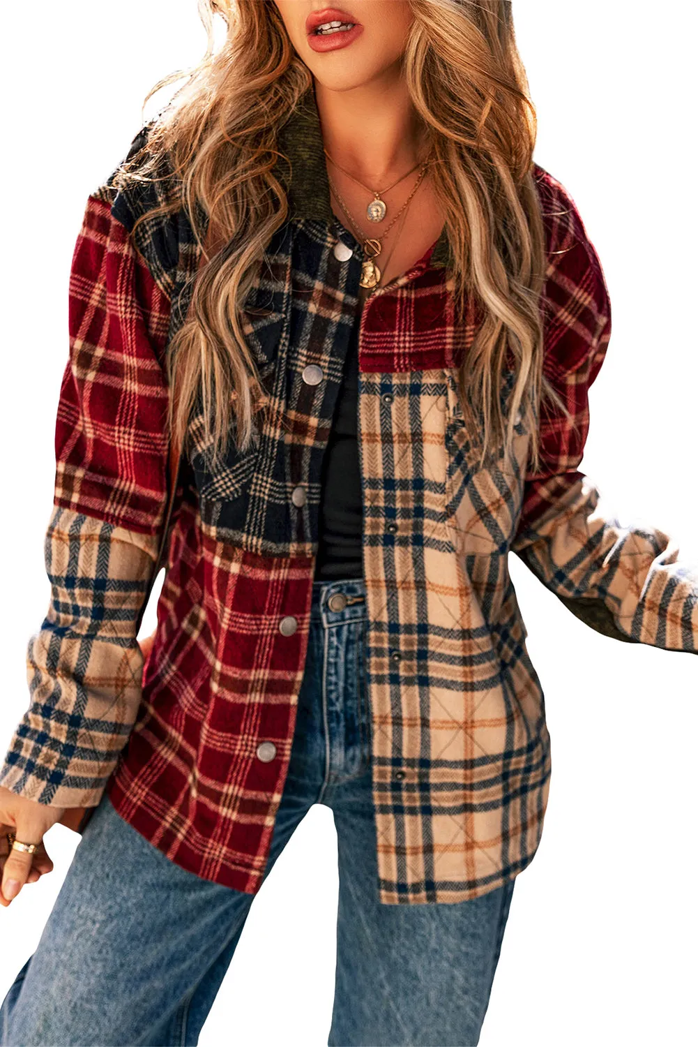 Red Mixed Plaid Patchwork Retro Shacket