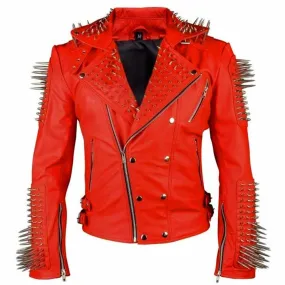 Red Punk Spikes Leather Jacket