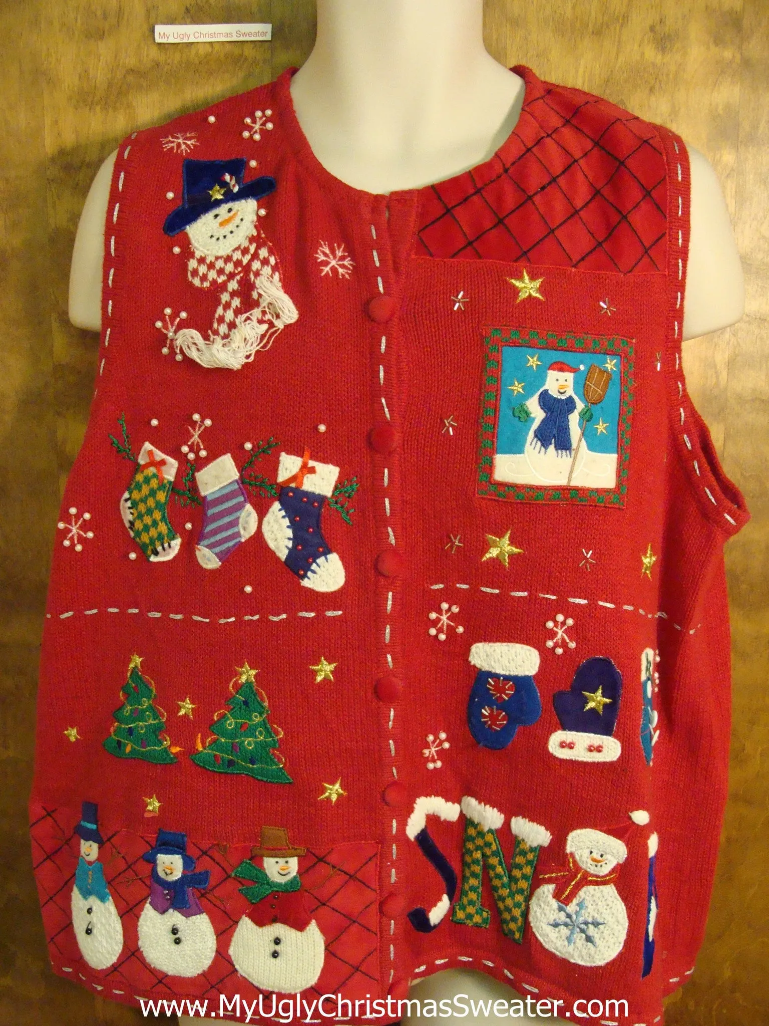 Red Snowman and Stockings Christmas Sweater Vest