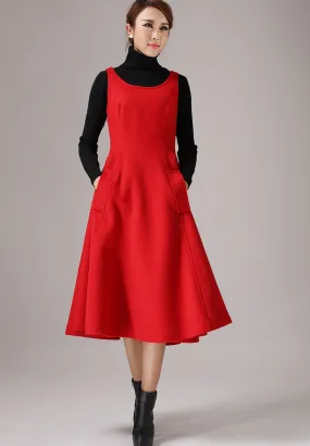 Red wool dress sleeveless maxi dress (769T)