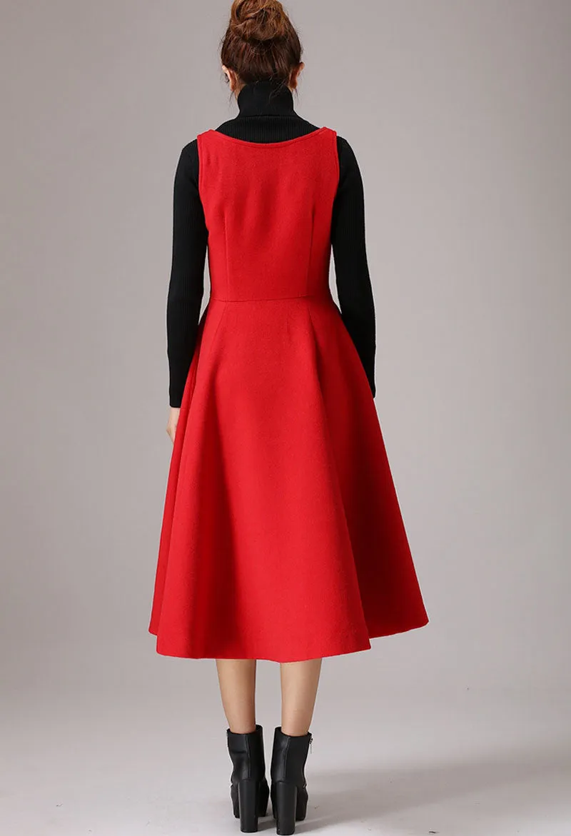 Red wool dress sleeveless maxi dress (769T)