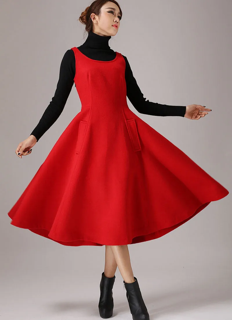 Red wool dress sleeveless maxi dress (769T)