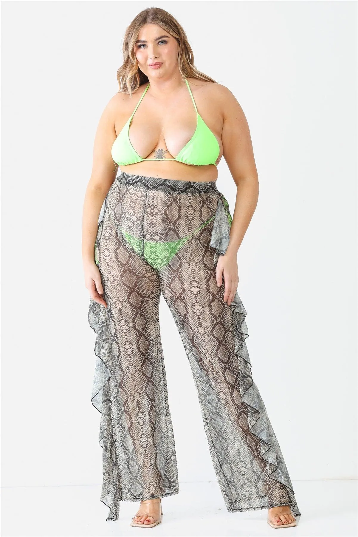 Reptile Snake Grey Sheer Mesh Sexy Ruffle High Waist Pants