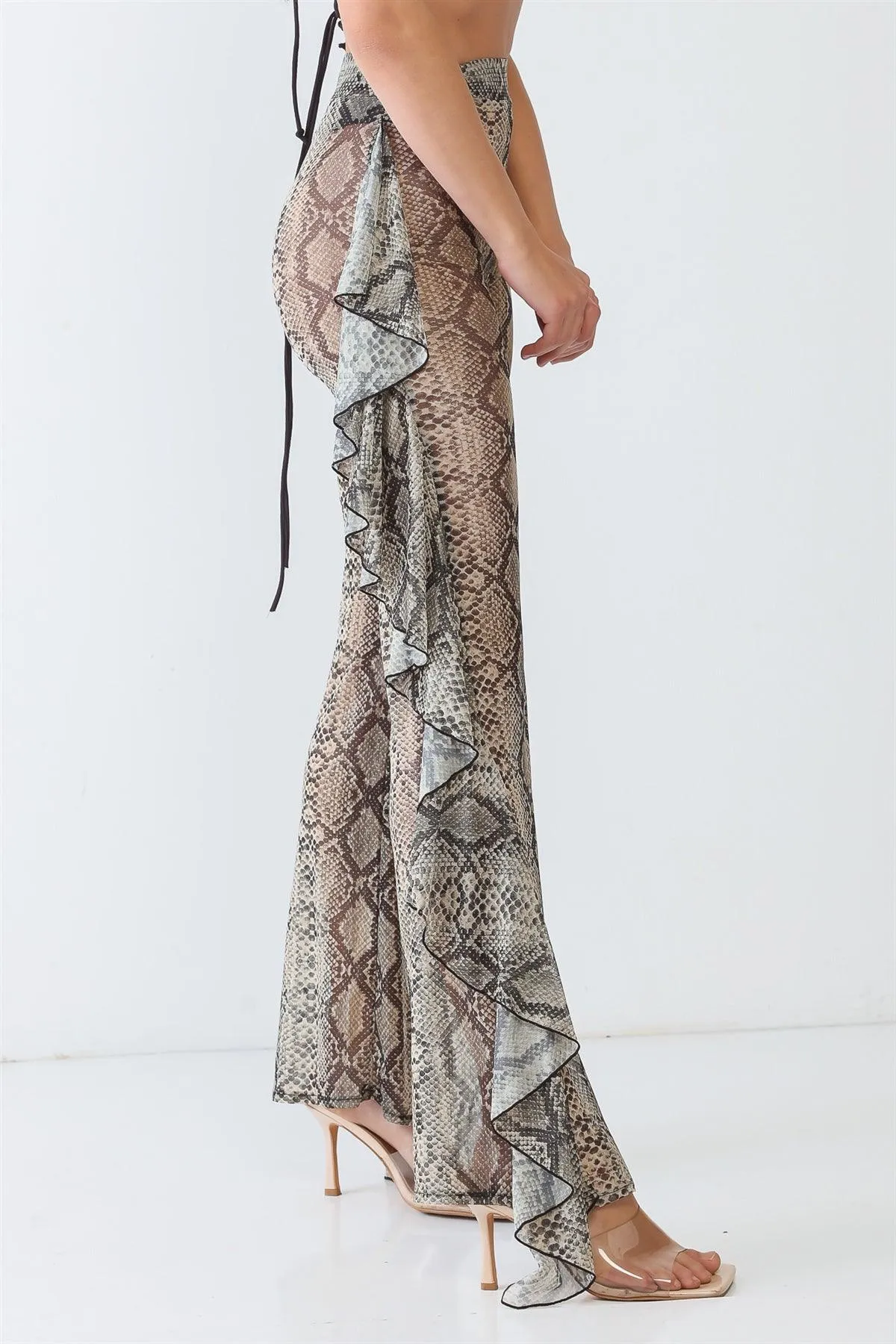 Reptile Snake Grey Sheer Mesh Sexy Ruffle High Waist Pants