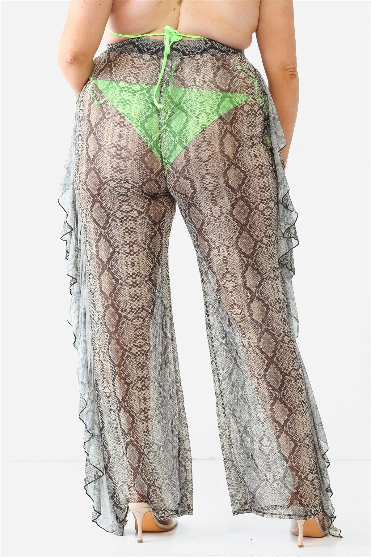 Reptile Snake Grey Sheer Mesh Sexy Ruffle High Waist Pants