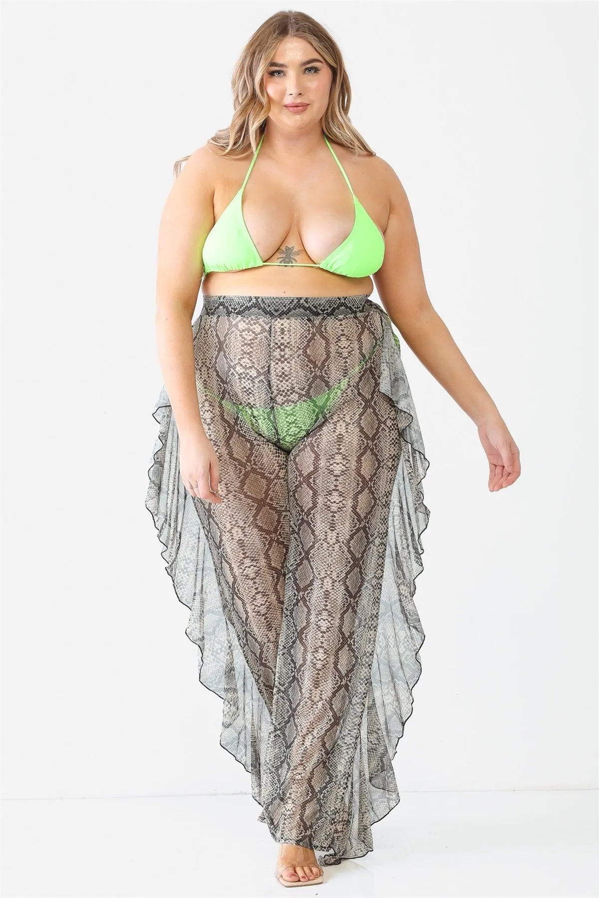 Reptile Snake Grey Sheer Mesh Sexy Ruffle High Waist Pants