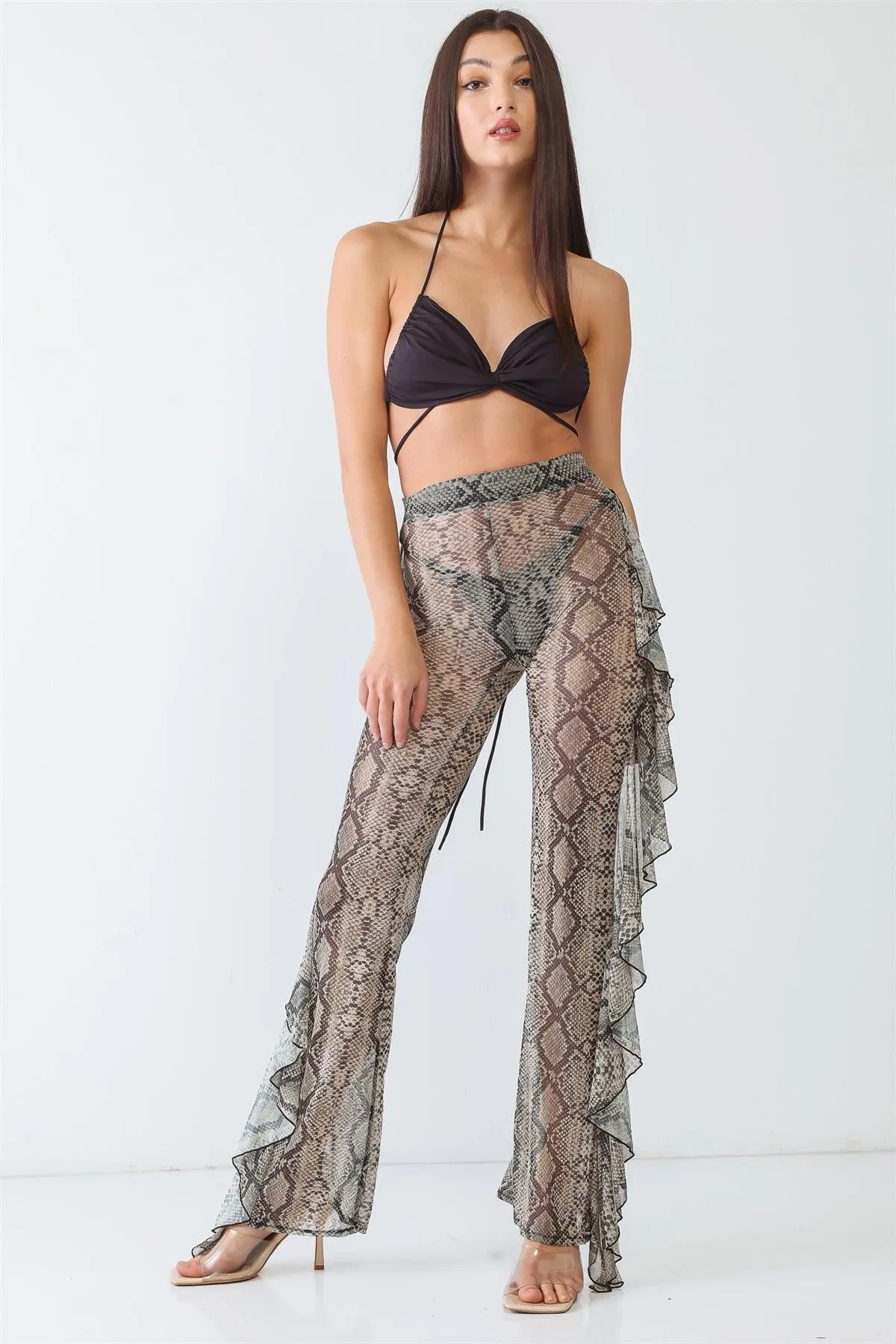 Reptile Snake Grey Sheer Mesh Sexy Ruffle High Waist Pants