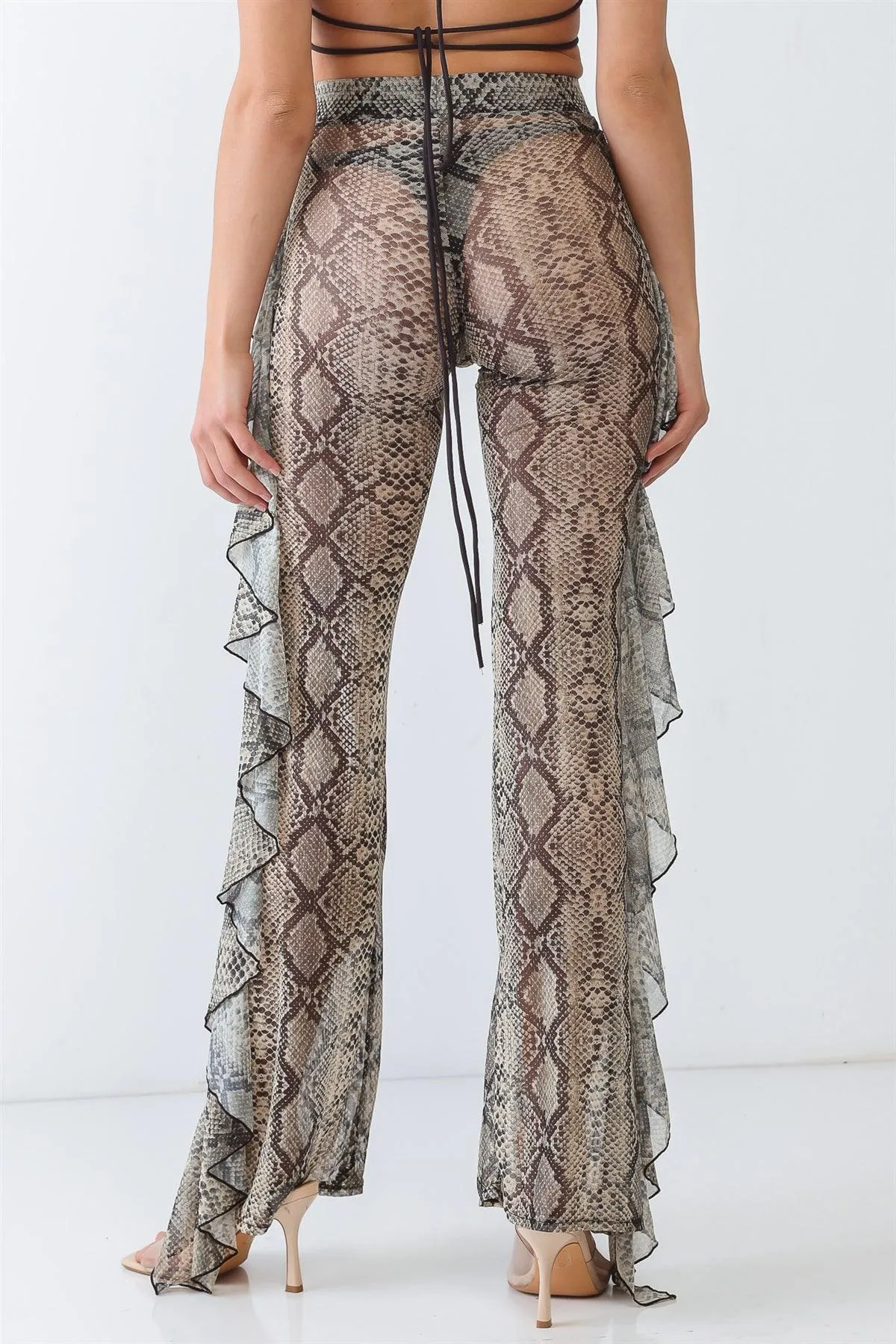 Reptile Snake Grey Sheer Mesh Sexy Ruffle High Waist Pants