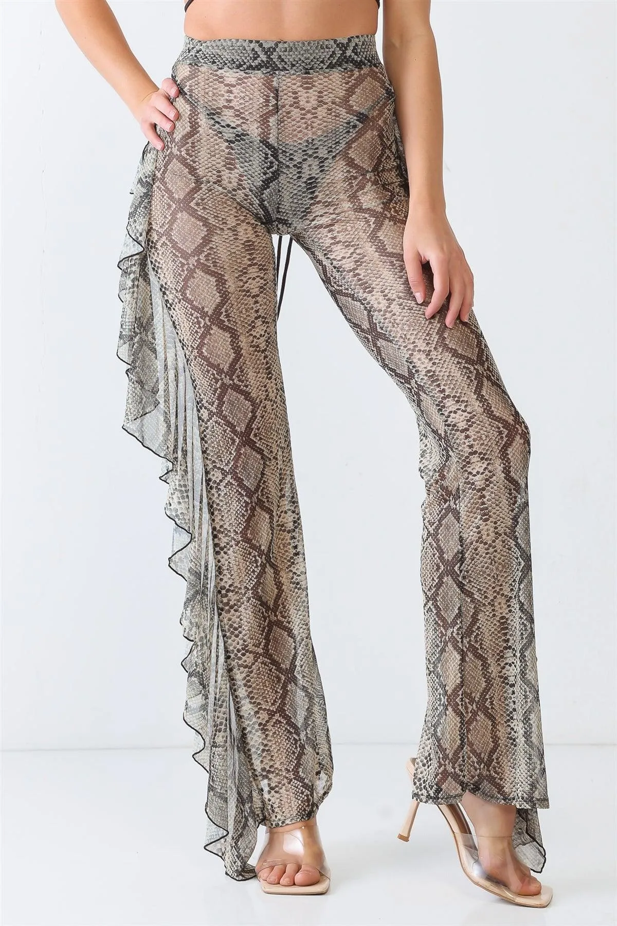 Reptile Snake Grey Sheer Mesh Sexy Ruffle High Waist Pants