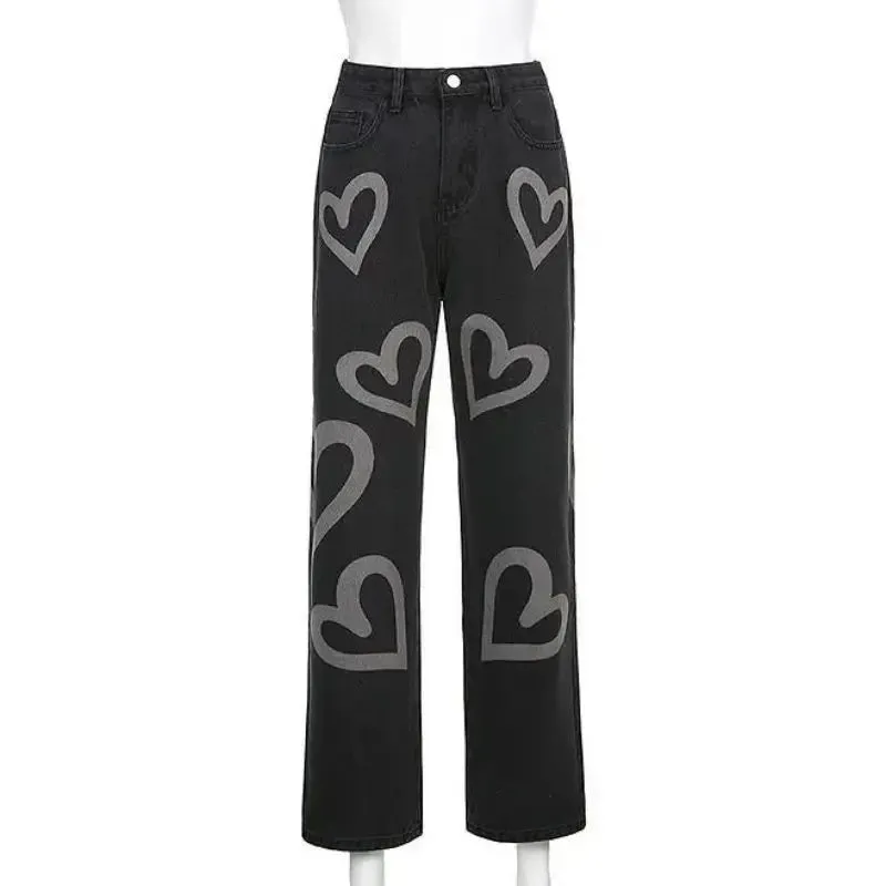 Retro High-Waisted Heart Graffiti Jeans