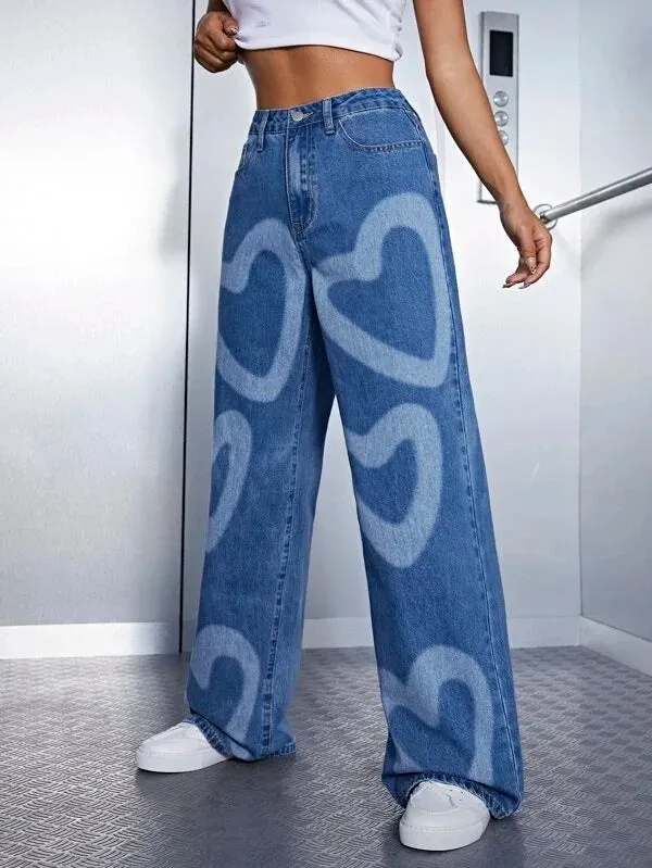 Retro High-Waisted Heart Graffiti Jeans