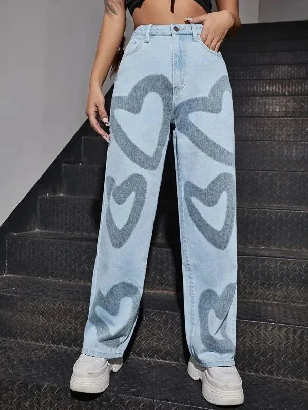 Retro High-Waisted Heart Graffiti Jeans