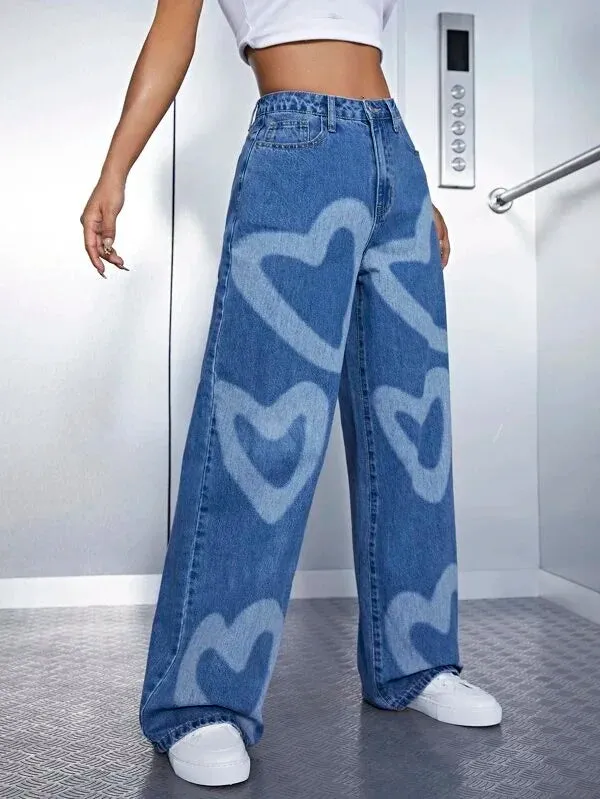 Retro High-Waisted Heart Graffiti Jeans