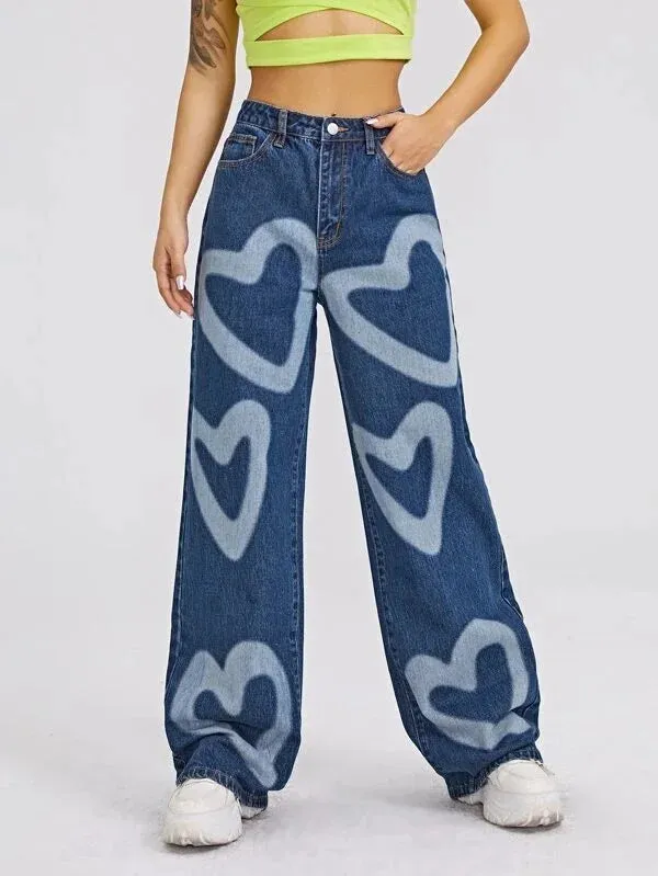 Retro High-Waisted Heart Graffiti Jeans