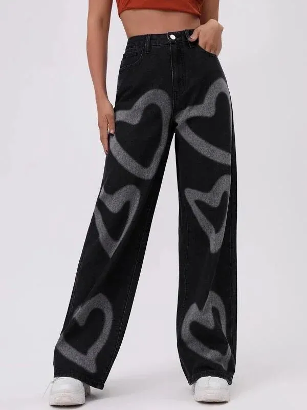 Retro High-Waisted Heart Graffiti Jeans