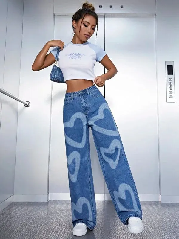 Retro High-Waisted Heart Graffiti Jeans