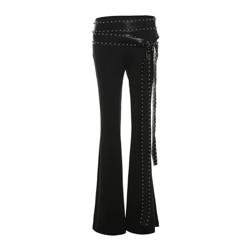 Rivet Belted Bell-Bottom Pants