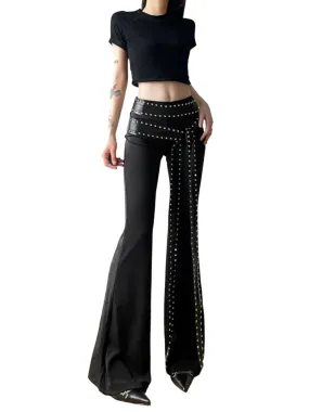 Rivet Belted Bell-Bottom Pants