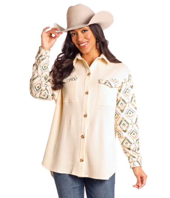 Rock and Roll Cowgirl Women's Ivory Aztec Waffle Knit Button Down Shacket BW92C04500