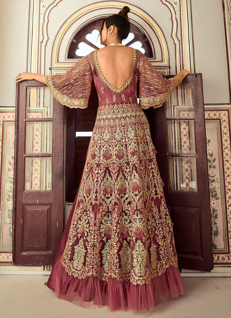 Rose Pink Embroidered Anarkali Lehenga/Pant Suit