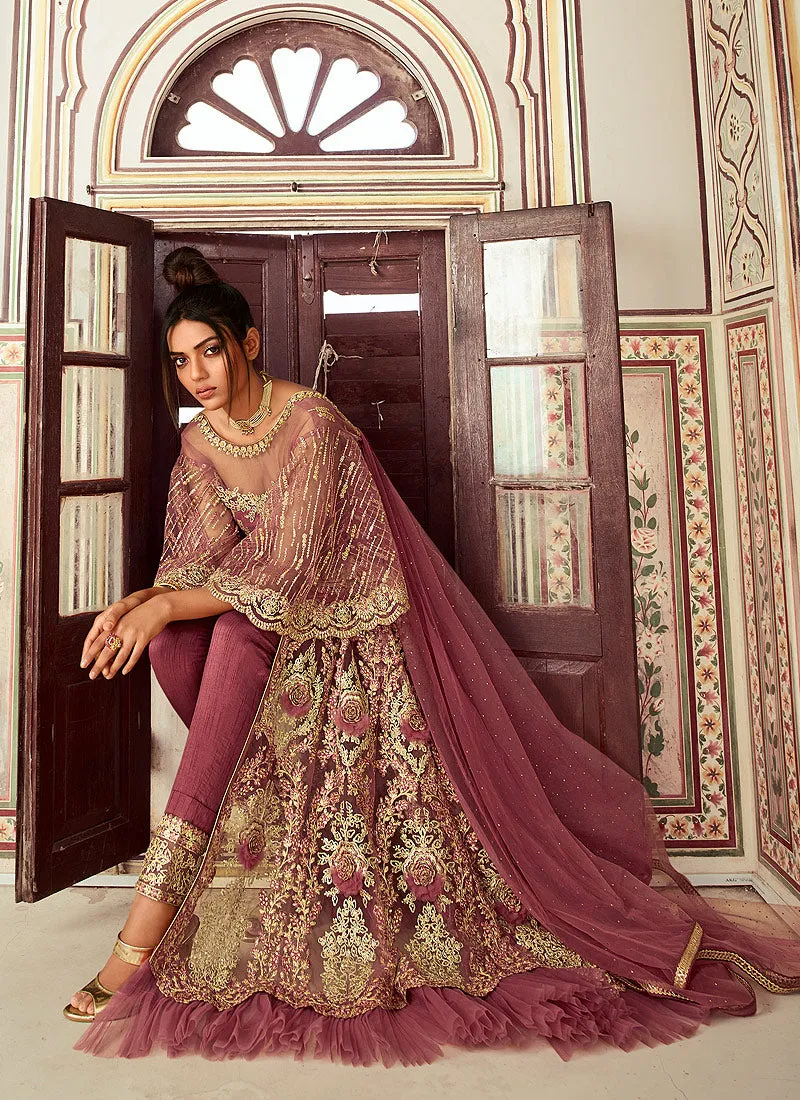 Rose Pink Embroidered Anarkali Lehenga/Pant Suit