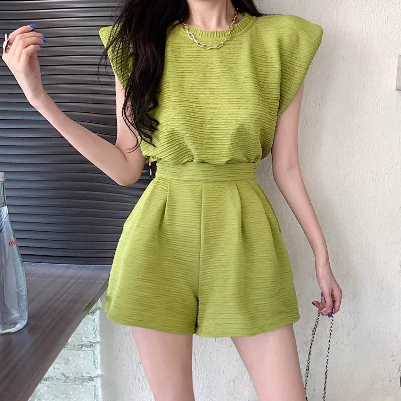 Round Neck Sleeveless Top High Waist Shorts Set