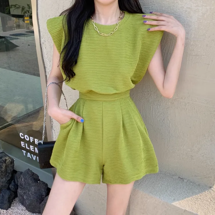 Round Neck Sleeveless Top High Waist Shorts Set