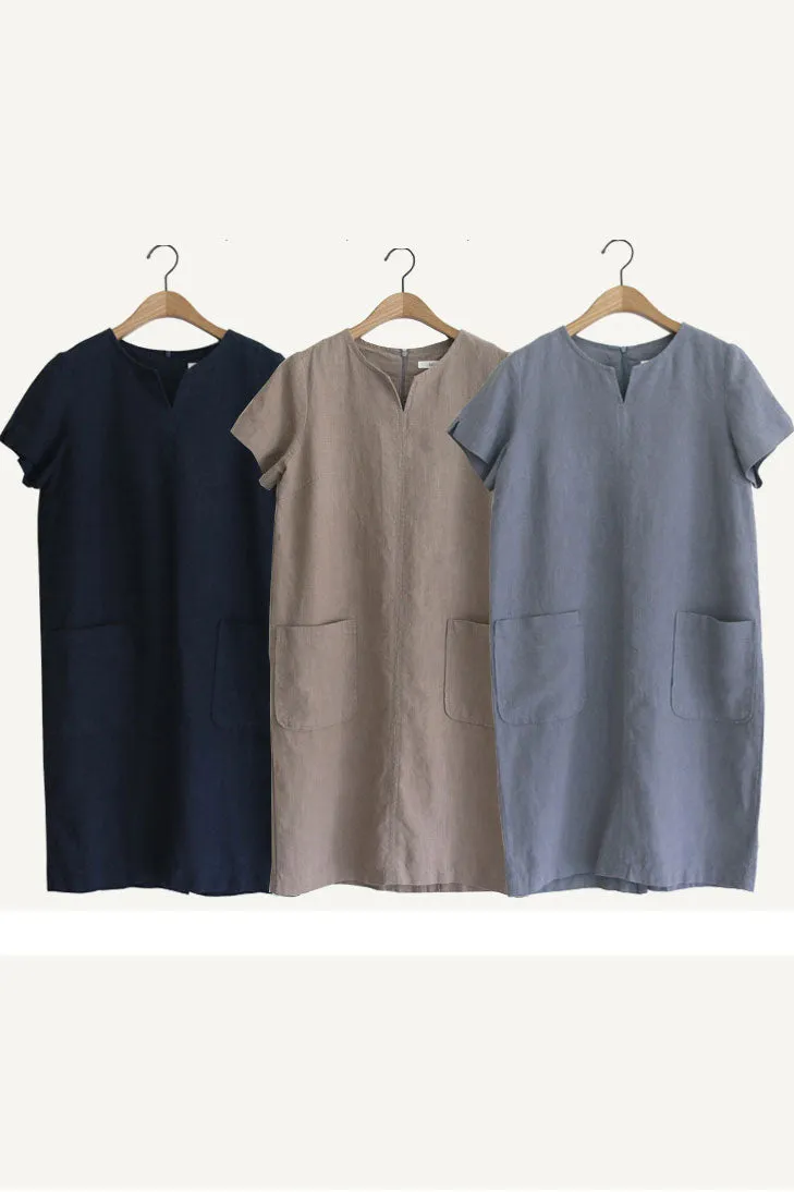 Round neckline linen loose dress J054