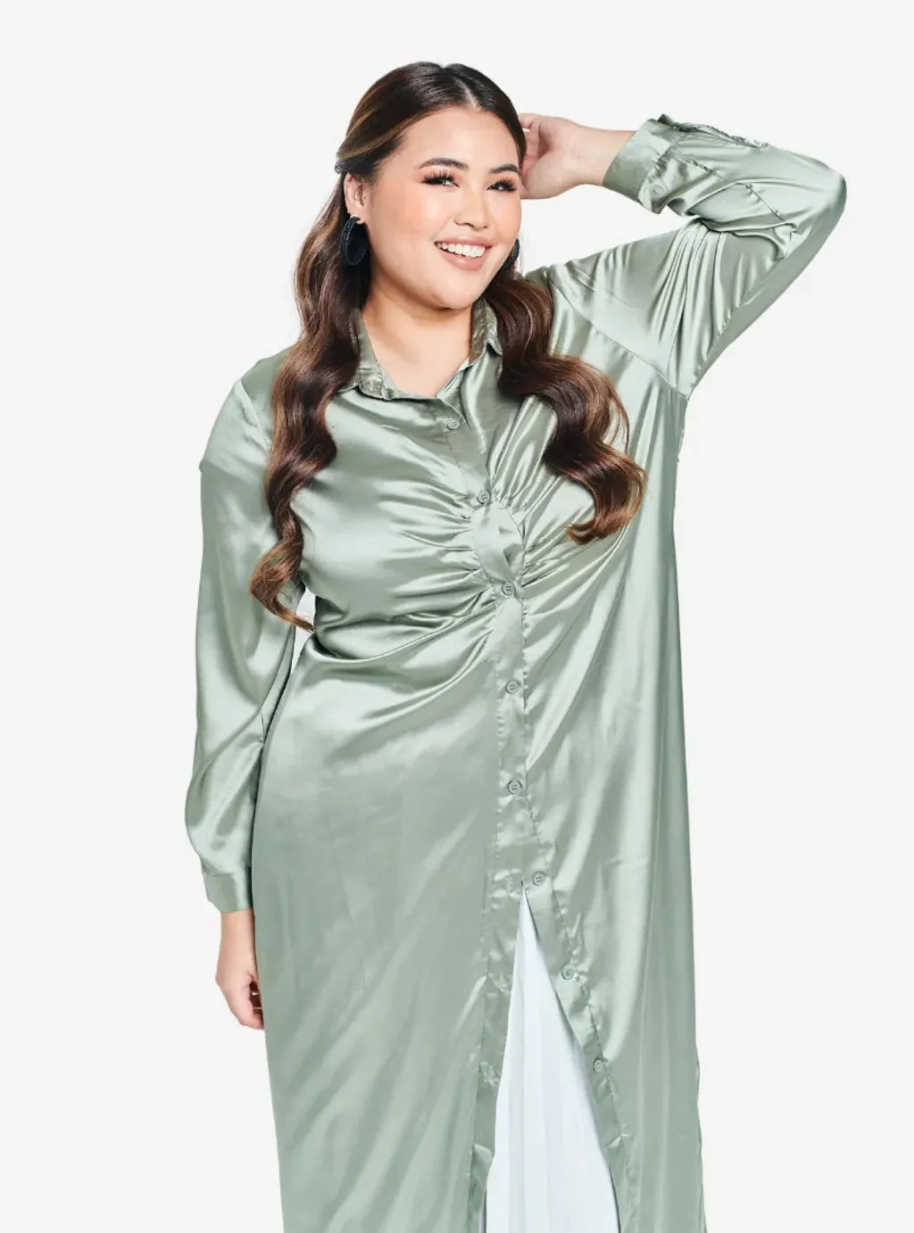 Satin Longline Ruched Shirt Dress