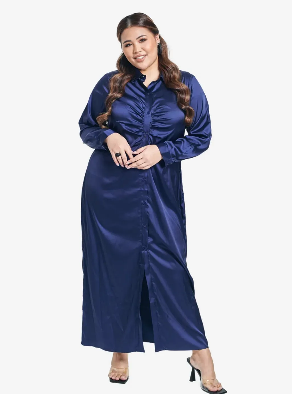 Satin Longline Ruched Shirt Dress