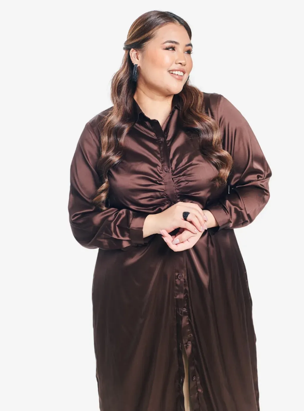 Satin Longline Ruched Shirt Dress