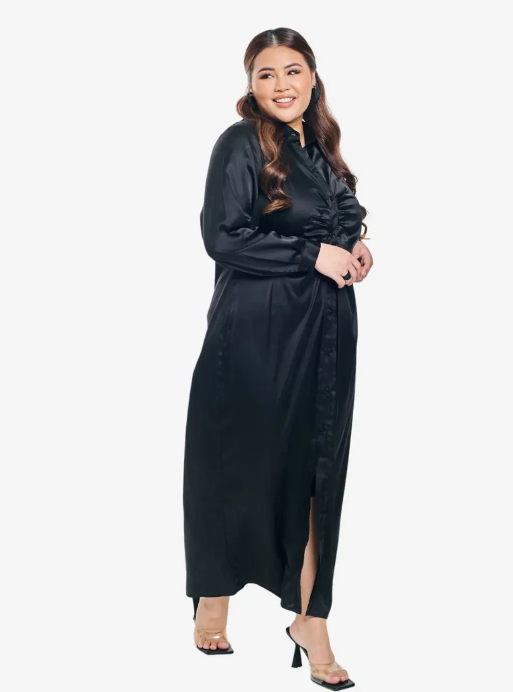 Satin Longline Ruched Shirt Dress