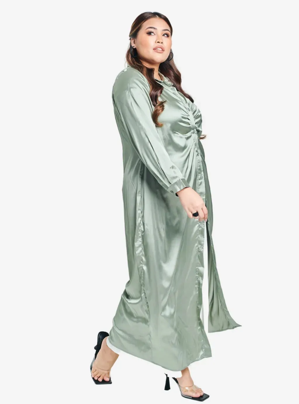 Satin Longline Ruched Shirt Dress