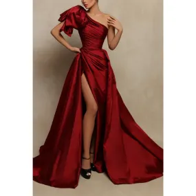 Sheath/column One Shoulder Satin Pleated Side Slit Burgundy Formal Evening Gowns