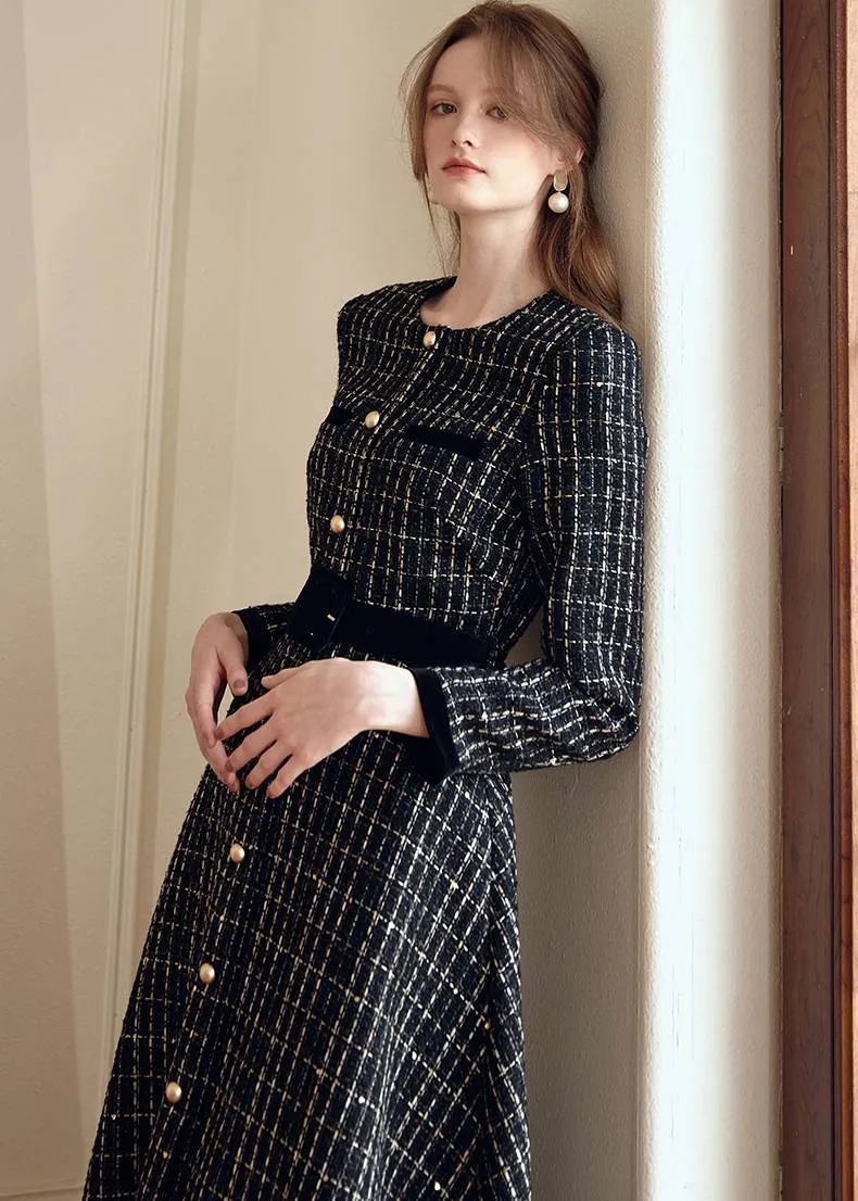 Shirley Black Long Sleeve Plaid Tweed Midi Dress