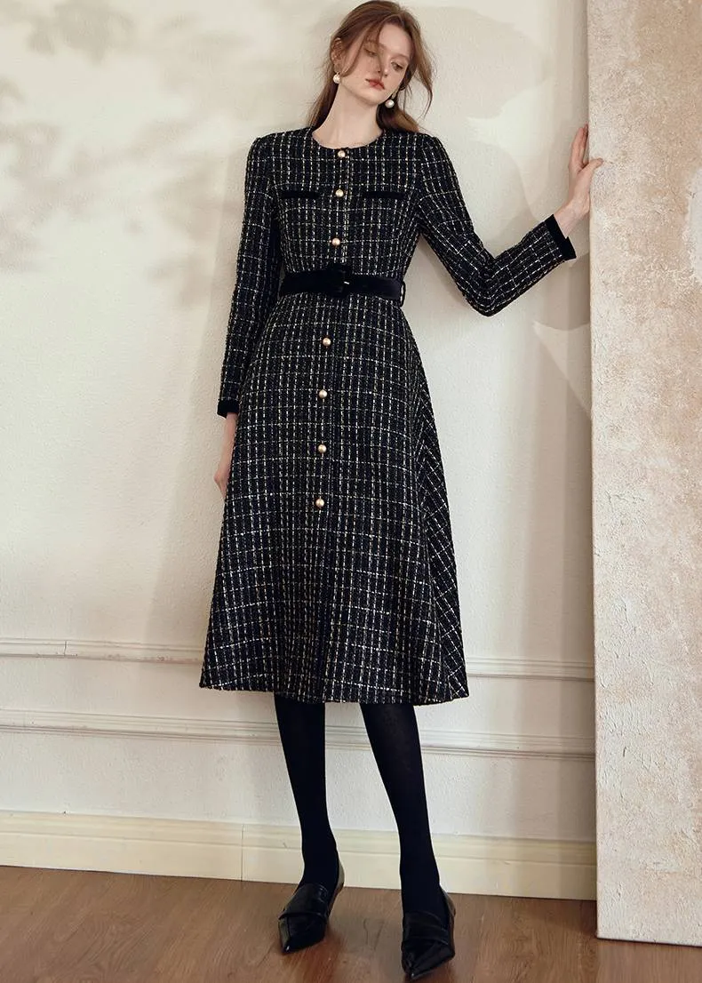 Shirley Black Long Sleeve Plaid Tweed Midi Dress