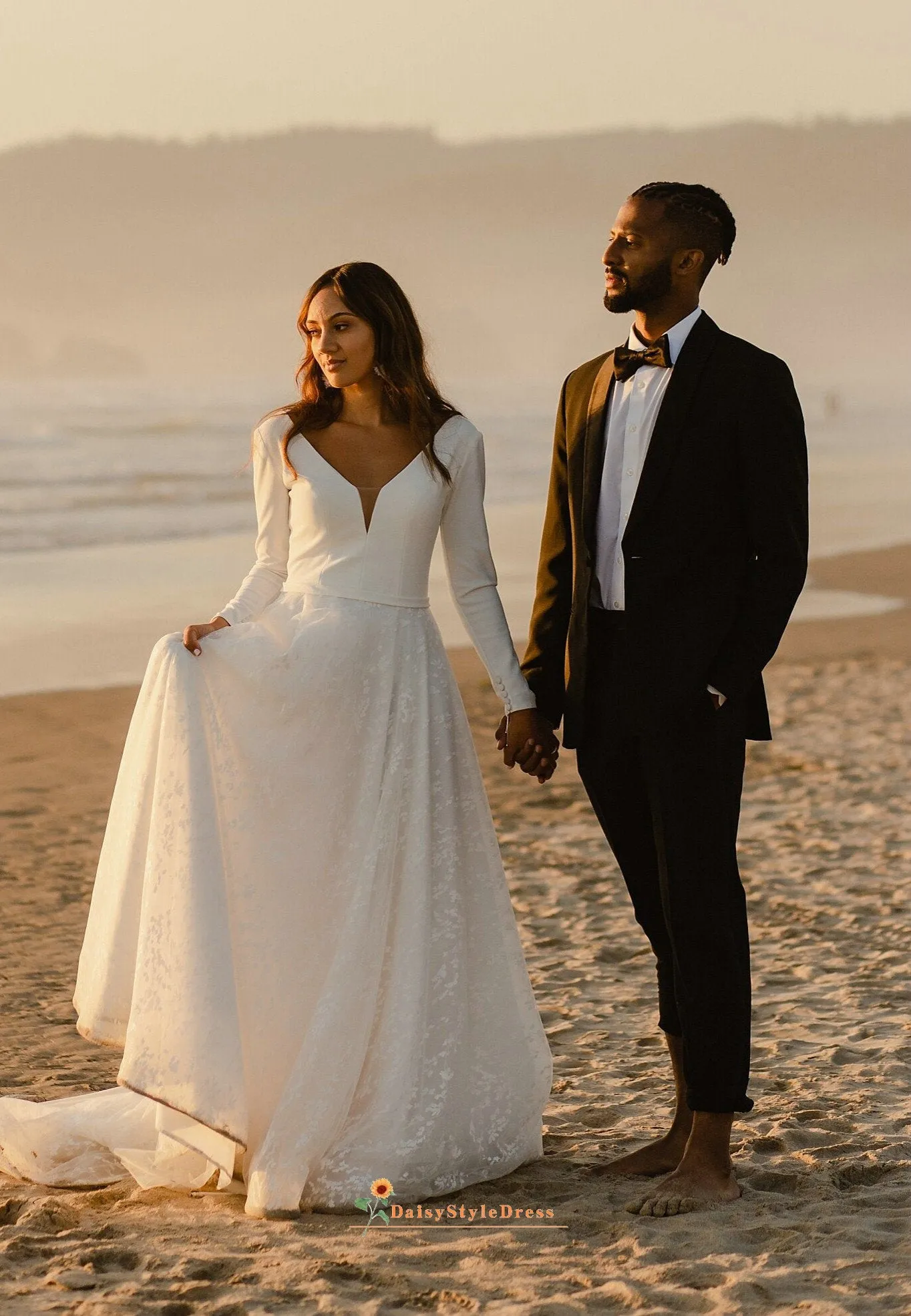 Simple Long Sleee Beach Wedding Dress