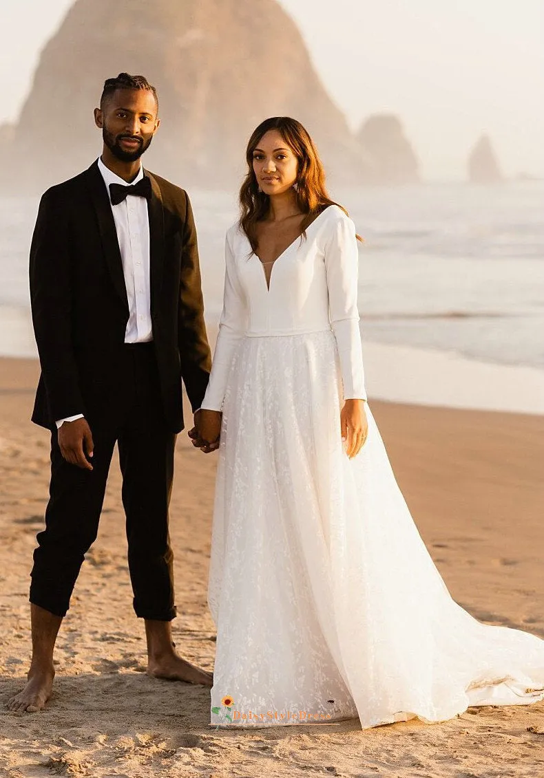 Simple Long Sleee Beach Wedding Dress