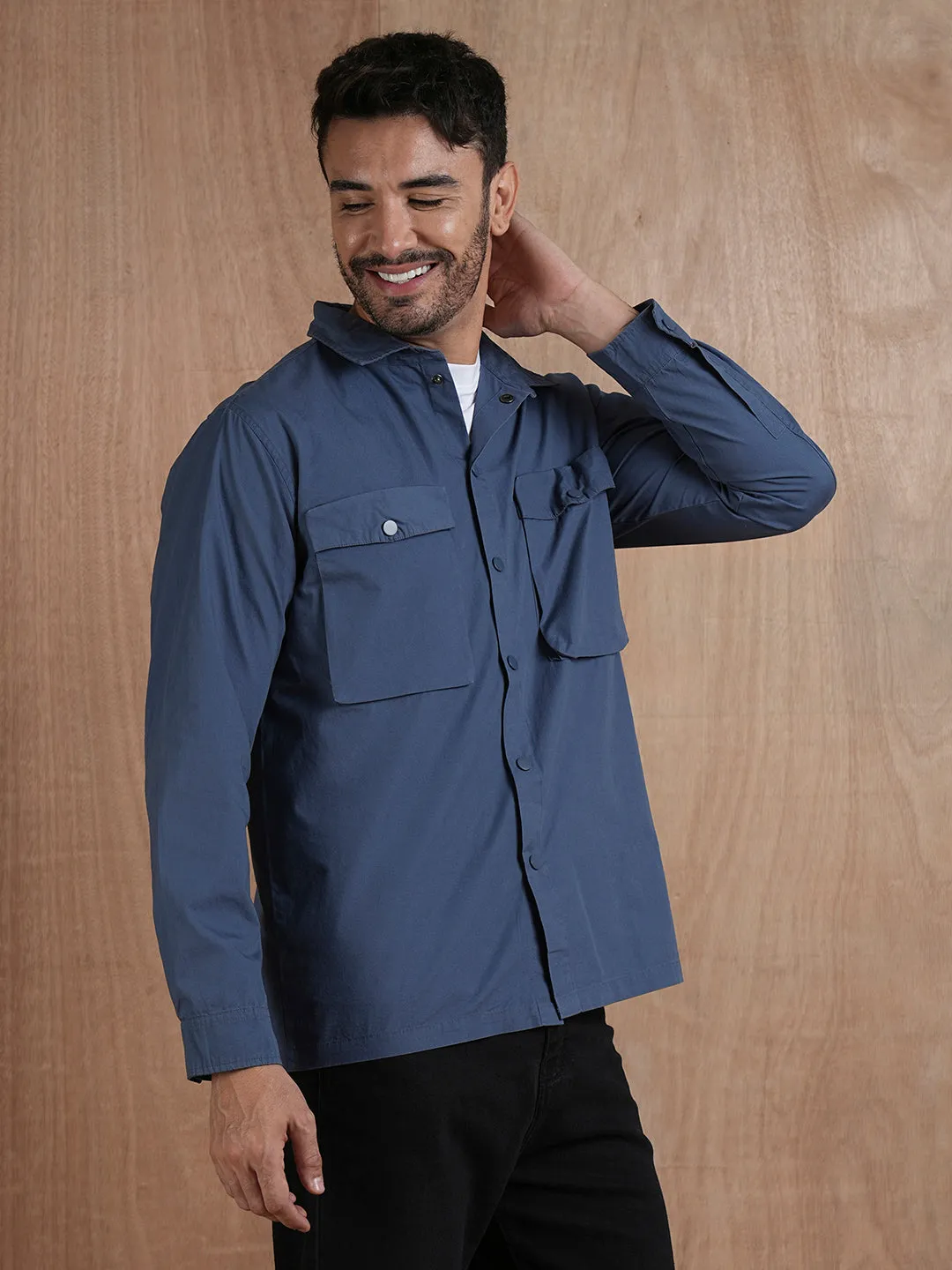 Solid Men Shacket - Blue