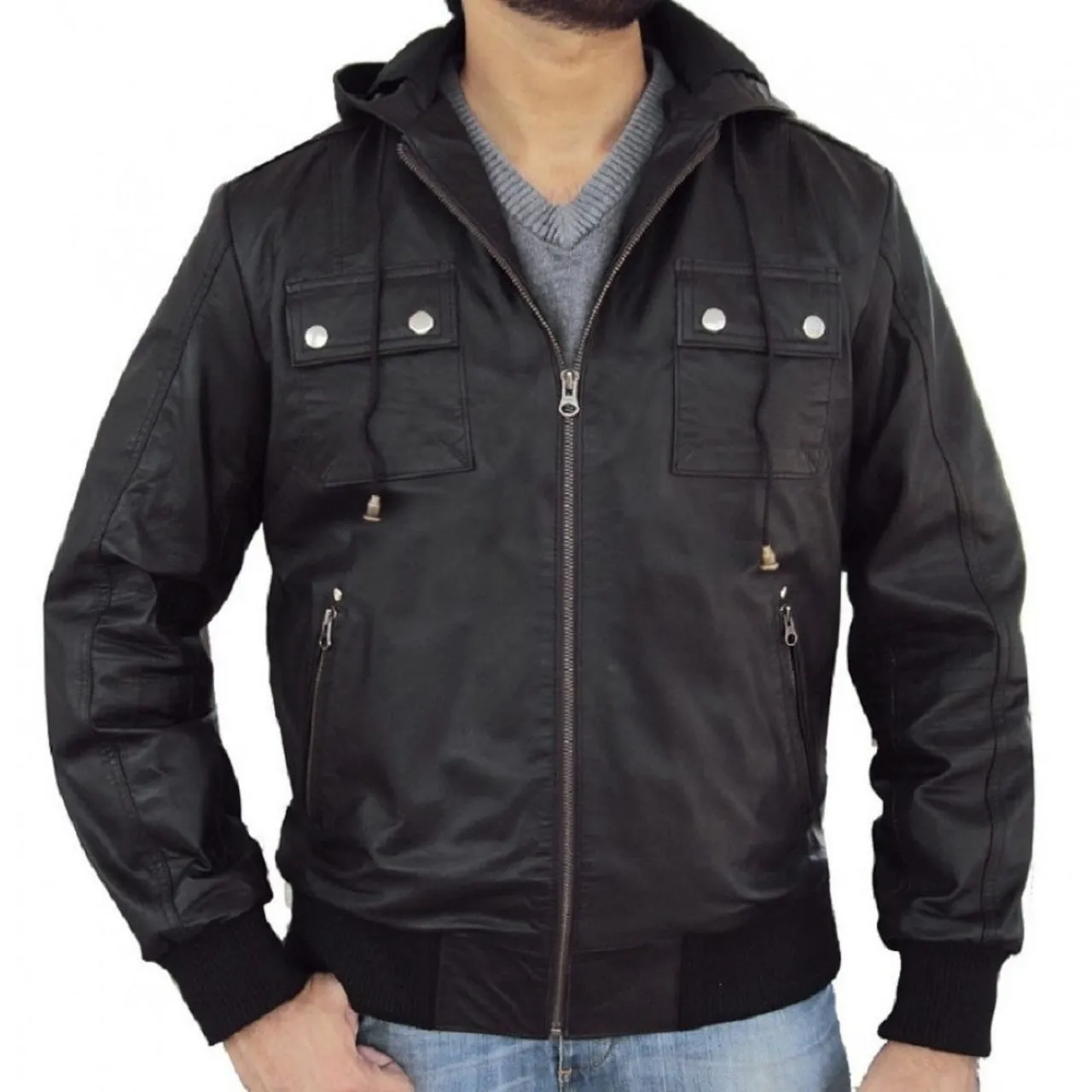 Solo Bomber Jacket With Fixed Hoodie in Black Color - Leather Jacket