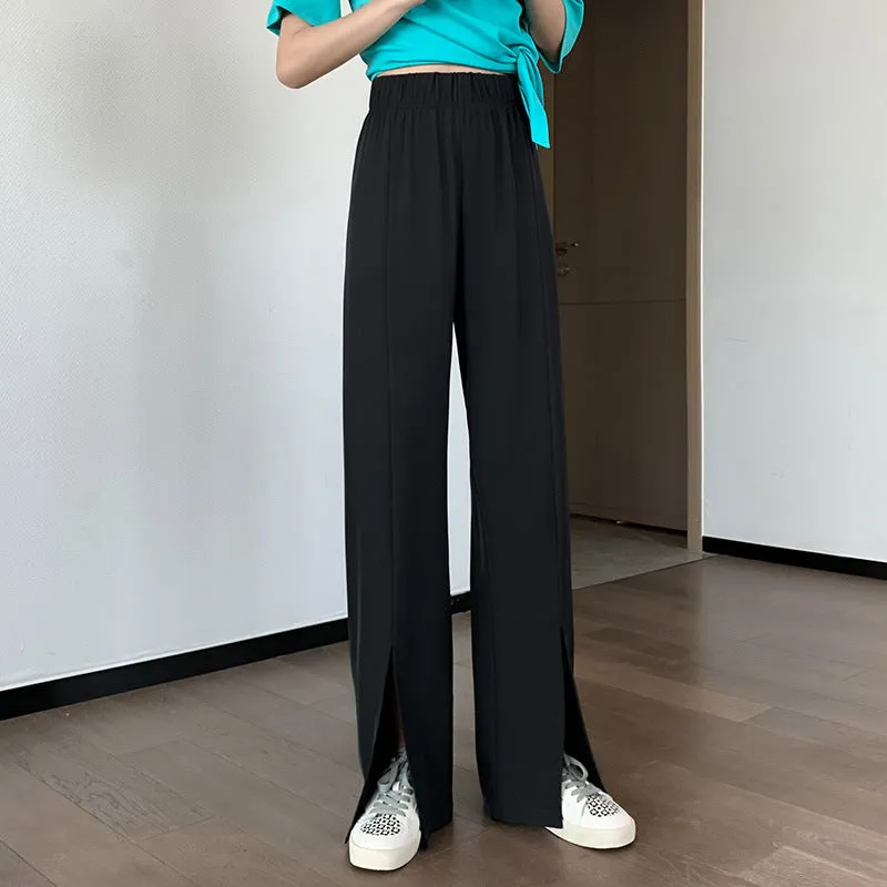 Splitted Pants Women High Waist Straight Floor Length Suit Drape Long Pants