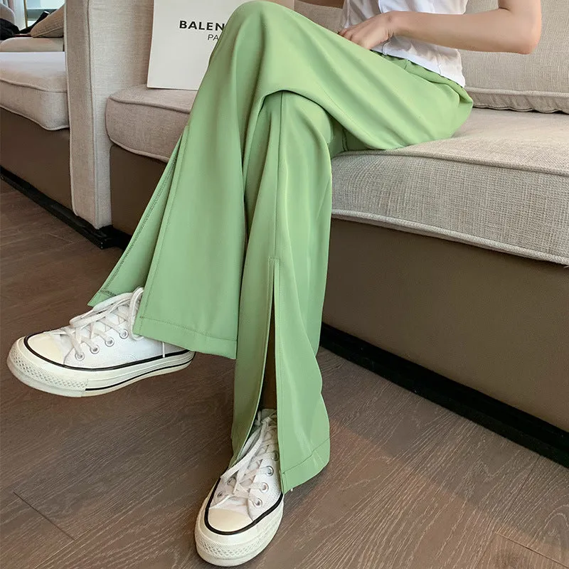 Splitted Pants Women High Waist Straight Floor Length Suit Drape Long Pants